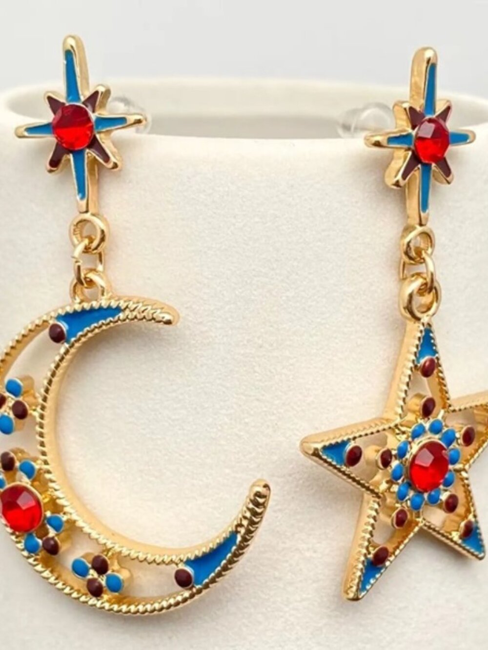 DESIGNER Celestial Gold Star/Moon/Starburst Red Crystal + Enamel Earrings**NEW!
